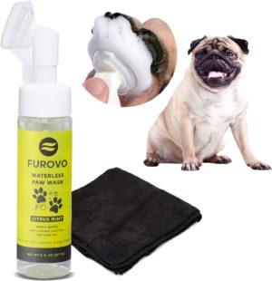 furovo made in usa natural plant based waterless dog paw cleaner shampoo rinse free solution with portable attached cleaning brush head microfiber towel for dogs cats puppies