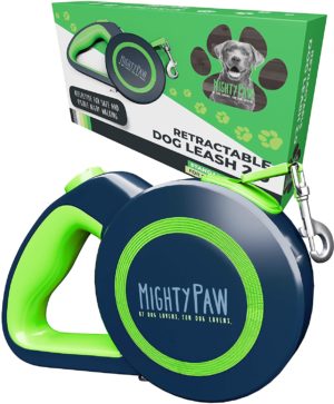 mighty paw retractable dog leash heavy duty reflective nylon tape lead for pets up to 50 lbs tangle free design w one touch quick lock braking system anti slip handle