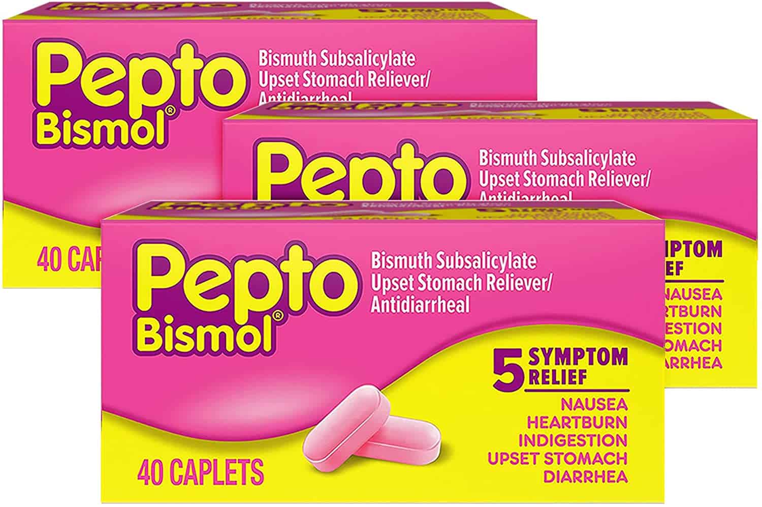 pepto bismol caplets upset stomach relief bismuth subsalicylate multi symptom relief of gas nausea heartburn indigestion upset stomach diarrhea 40 caplets