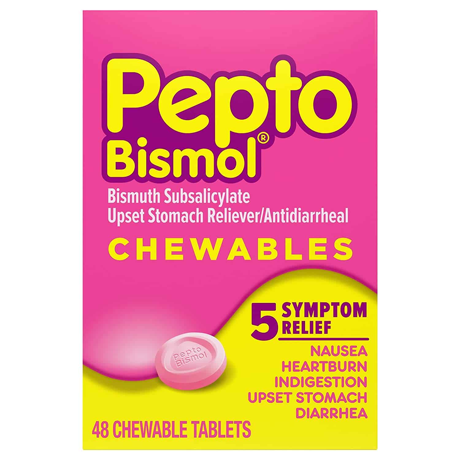 pepto bismol chewables upset stomach relief bismuth subsalicylate multi symptom relief of gas nausea heartburn indigestion upset stomach diarrhea 48 chewable tablets