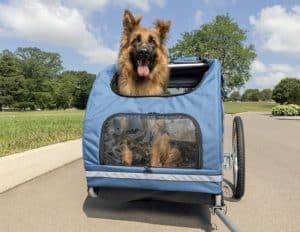 petsafe happy ride aluminum dog bike trailer durable frame easy to connect and disconnect to bicycles includes three storage pouches and tether collapsible to store medium and large sizes