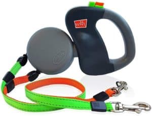 wigzi 2 two dog reflective retractable pet leash 360 degree zero tangle patent two dogs each up to 50 lbs and 10ft reflective orange and green leads dual locking
